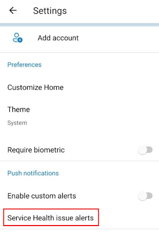 Screenshot che mostra la sezione degli avvisi relativi ai problemi di Integrità dei servizi della pagina Impostazioni nell'app per dispositivi mobili di Azure.