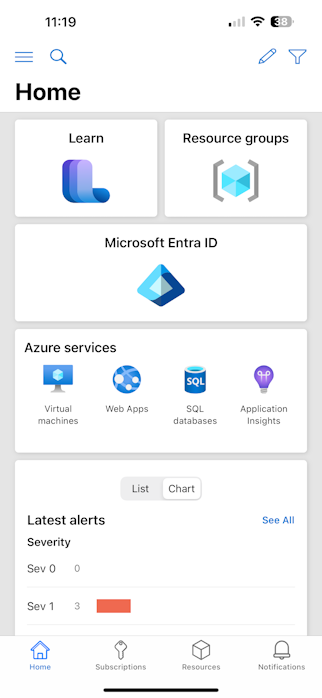 Screenshot della schermata Home dell'app per dispositivi mobili di Azure con diverse schede visualizzate.