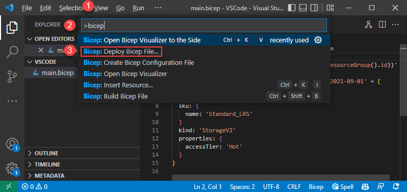 Screenshot di Deploy Bicep File (Distribuisci file Bicep) nel menu di scelta rapida.