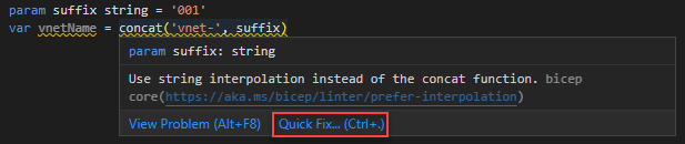 Screenshot di Prefer interpolation linter rule quick fix (Correzione rapida della regola linter di interpolazione).