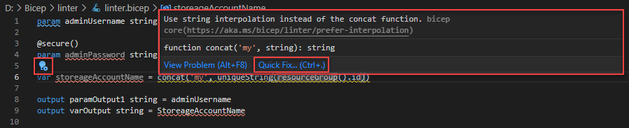 Utilizzo di linter Bicep in Visual Studio Code - mostra quickfix.