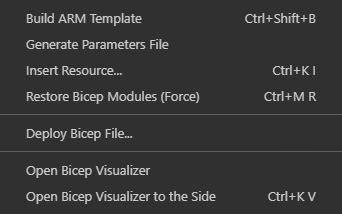 Screenshot dei comandi Bicep di Visual Studio Code nel menu di scelta rapida per i file Bicep.