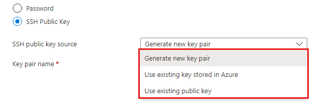 Screenshot dell'elemento dell'interfaccia utente combinata delle credenziali con opzioni per la chiave pubblica SSH Linux.