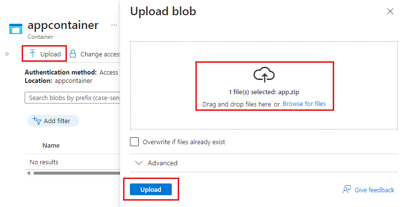 Screenshot di appcontainer per caricare il file ZIP nell'account di archiviazione.