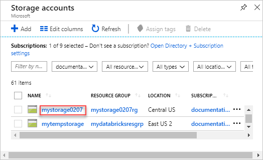 Screenshot del portale di Azure con un account di archiviazione denominato mystorage0207 evidenziato.