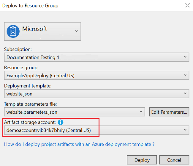 Screenshot della finestra di dialogo Distribuisci nel gruppo di risorse con l'account di archiviazione artefatto selezionato.