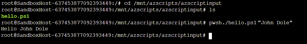 Screenshot dell'output di test di connessione dell'istanza del contenitore dello script di distribuzione visualizzato nella console.