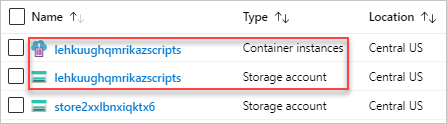 Screenshot dei nomi delle risorse dello script di distribuzione del modello di Resource Manager.