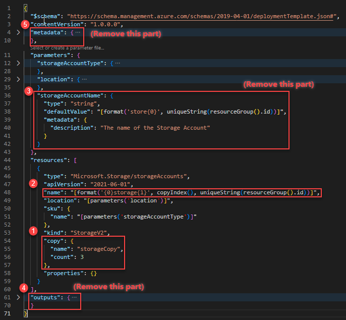 Screenshot di Visual Studio Code con Azure Resource Manager che crea più istanze.