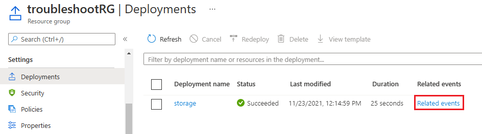 Screenshot of Azure portal showing a deployment name with the Related events link highlighted in the deployment history.