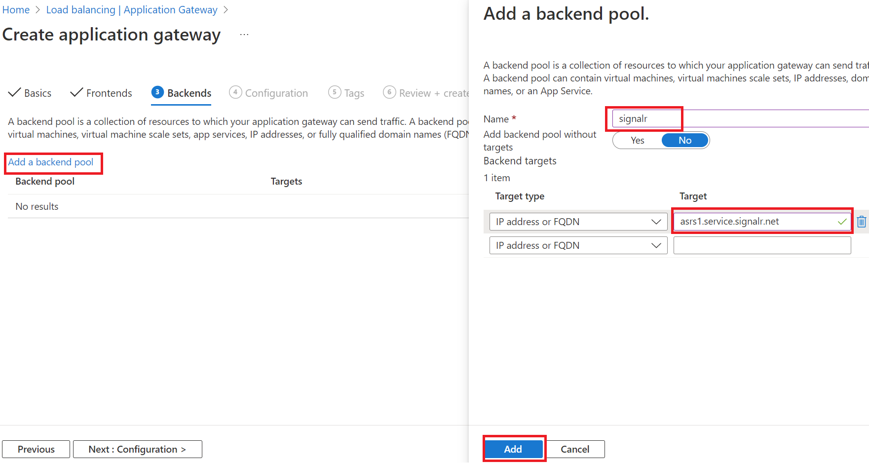 Screenshot della configurazione del pool back-end del gateway applicazione per il Servizio SignalR.