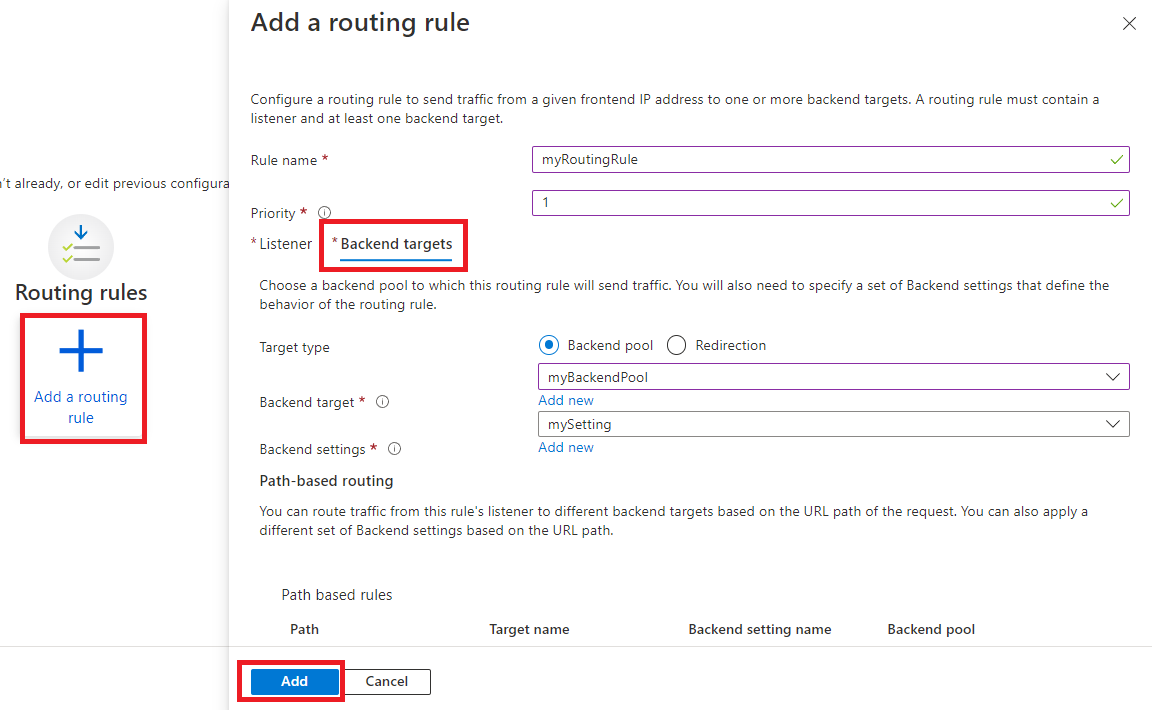 Screenshot della creazione di destinazioni back-end per il gateway applicazione.