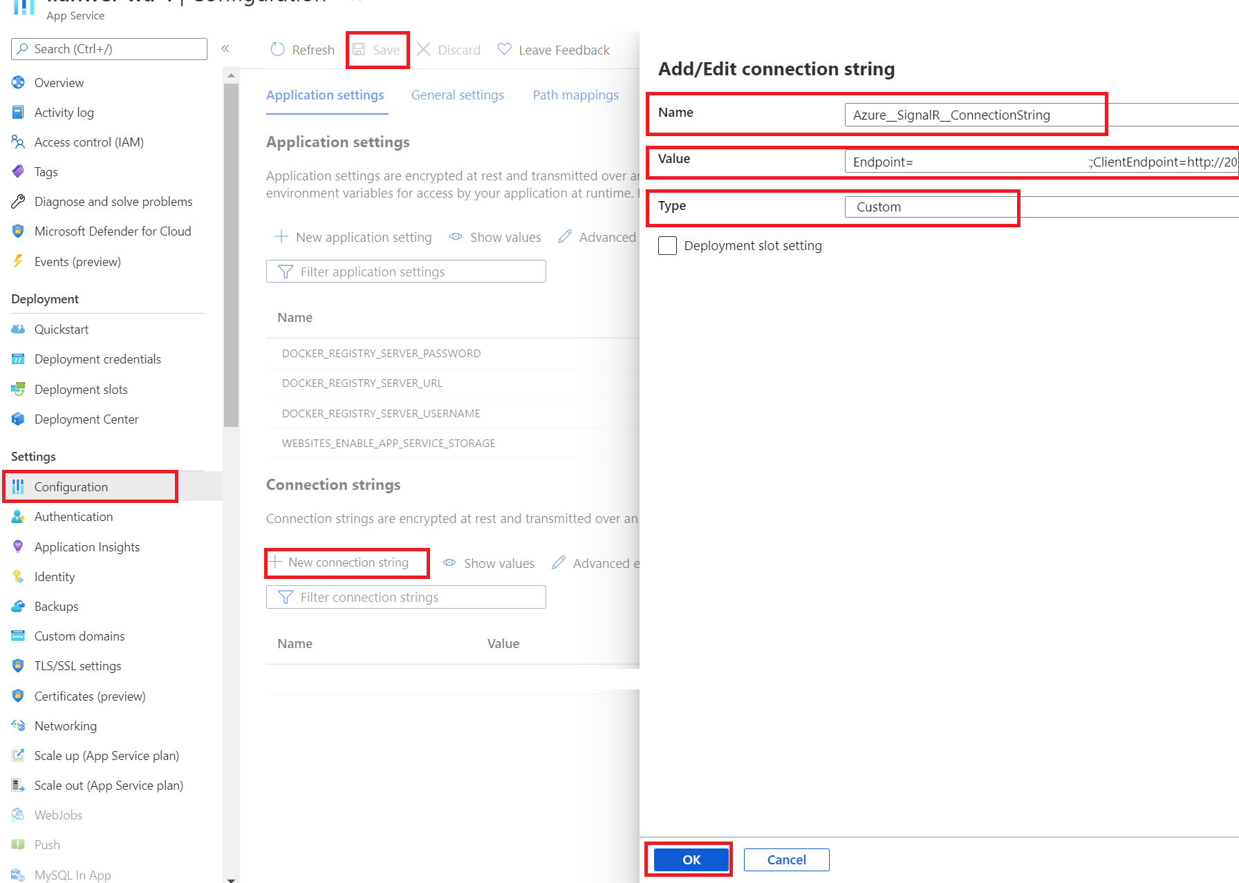 Screenshot della configurazione dell'stringa di connessione dell'app Web.