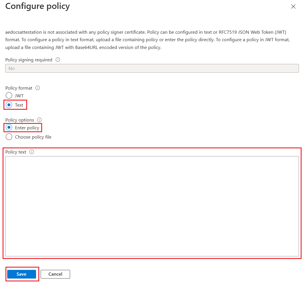 Screenshot della modifica di un criterio di attestazione nel portale di Azure.