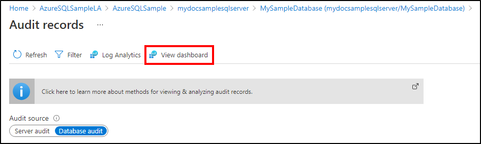 Screenshot della selezione di Visualizza dashboard nel menu Record di controllo nel portale di Azure.