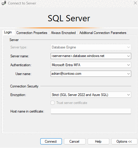 Screenshot delle impostazioni della finestra di dialogo Connetti al server in SSMS, con tutti i campi compilati.