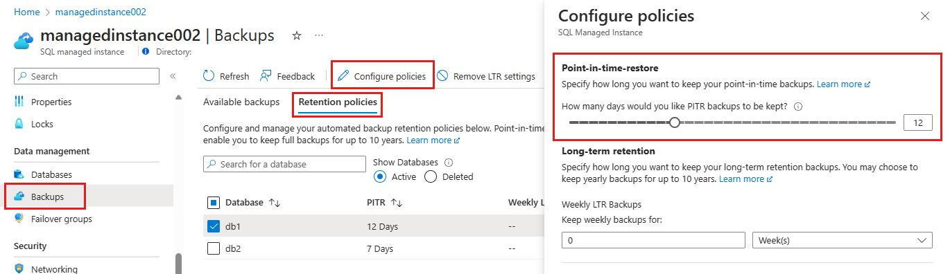 Screenshot delle impostazioni di backup portale di Azure per modificare la conservazione temporizzato per l'istanza gestita.