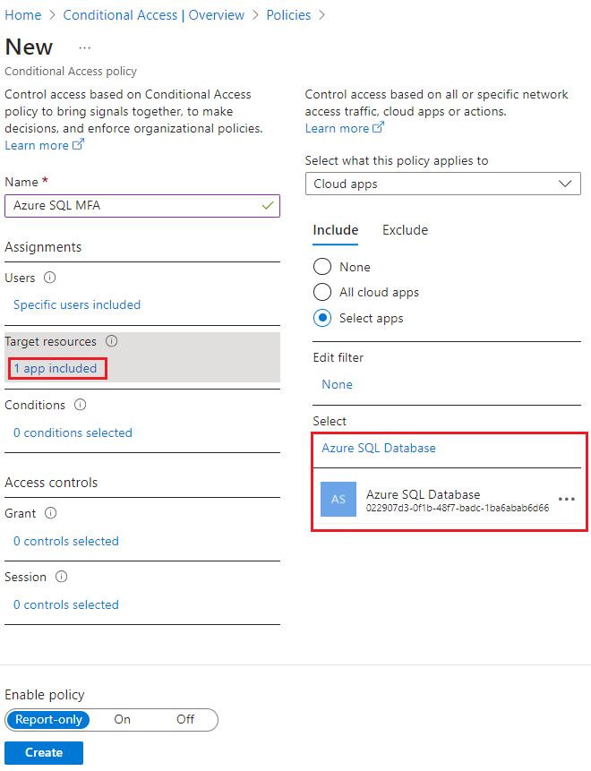 Screenshot di database SQL di Azure designato come risorsa di destinazione nel portale di Azure.