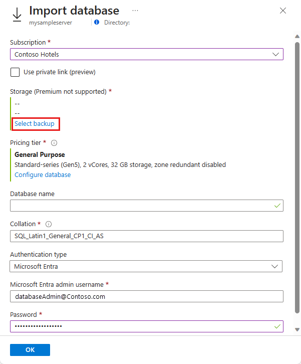 Screenshot del portale di Azure, pagina di importazione del database.