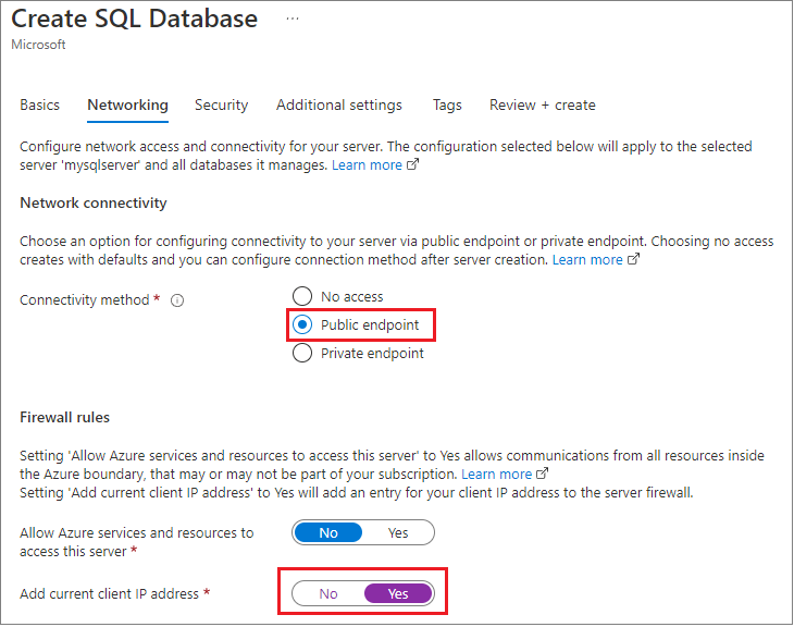 Screenshot del portale di Azure che mostra la pagina Crea database SQL. Nella scheda Rete, per Metodo di connettività, è selezionata l'opzione Endpoint pubblico. L'opzione Aggiungi indirizzo IP client corrente è Sì.