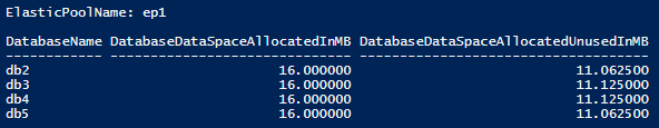 Screenshot dell'output del cmdlet di PowerShell correlato, che mostra lo spazio allocato del pool elastico e lo spazio allocato inutilizzato.