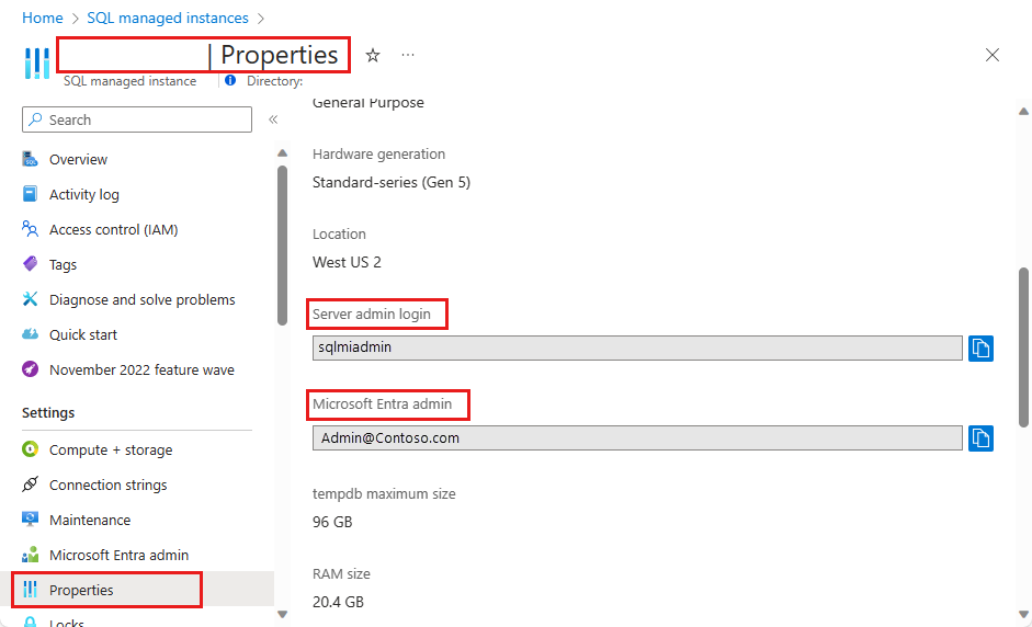 Screenshot che mostra la pagina delle proprietà di Istanza gestita di SQL in cui è possibile ottenere i valori di accesso amministratore di Microsoft Entra.