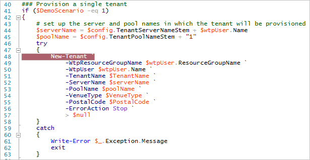 Lo screenshot mostra uno script con New-Tenant evidenziato per l'aggiunta di un punto di interruzione.