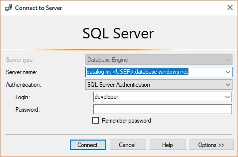 Finestra di dialogo di connessione di SQL Server Management Studio