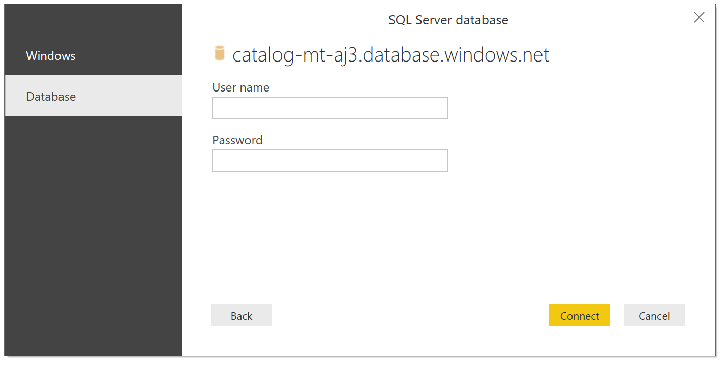 Lo screenshot mostra la finestra di dialogo Database di SQL Server in cui è possibile immettere un nome utente e una password.