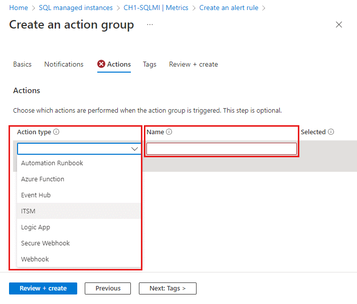 Screenshot della scheda Azioni della finestra di dialogo Crea gruppo di azioni nel portale di Azure con i campi Tipo di azione e Nome evidenziati.