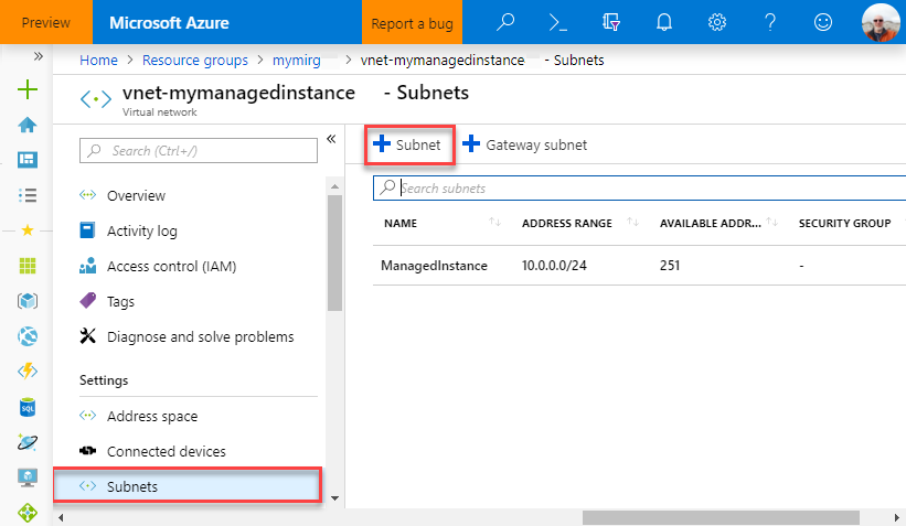 Subnet di Istanza gestita di SQL