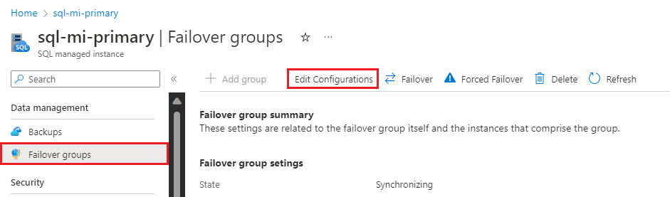 Screenshot che mostra il riquadro Gruppi di failover nel portale e Modifica configurazioni evidenziate. 