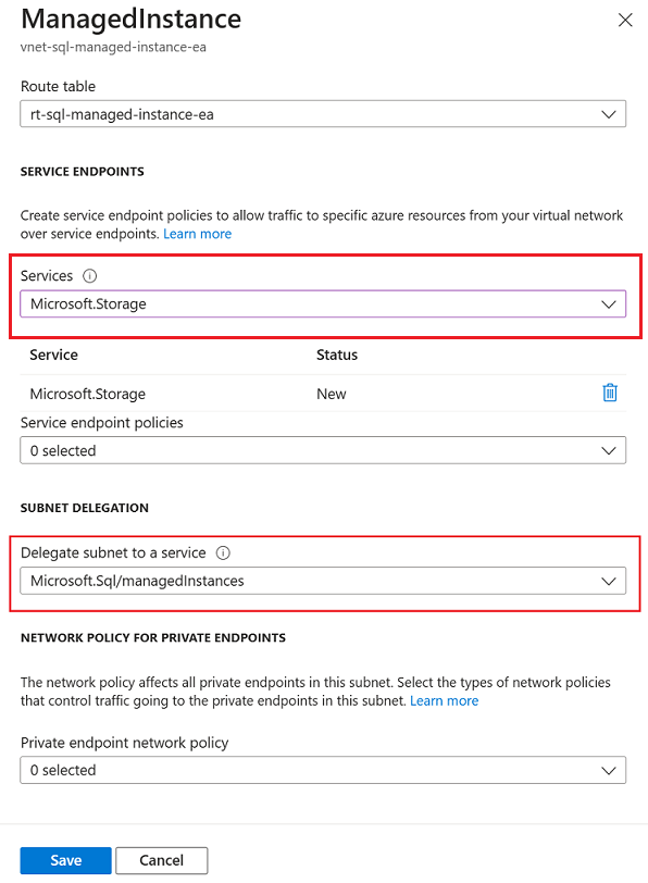 Screenshot della pagina di configurazione della subnet dell'Istanza gestita di SQL nel portale di Azure, con la subnet selezionata.