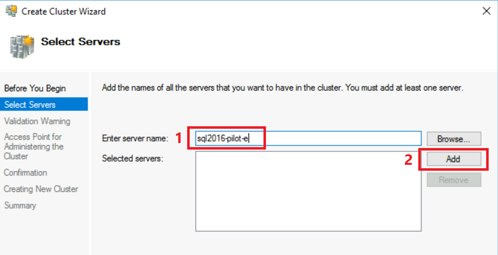 Screenshot dell'immissione del nome host di Windows Server durante la creazione di WSFC.