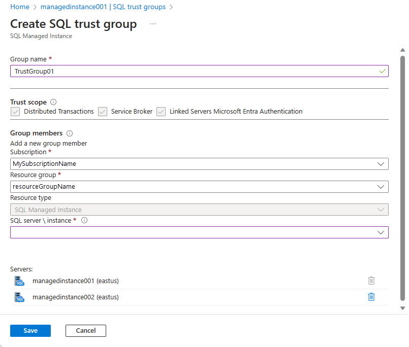 Screenshot che mostra la pagina Crea gruppo di attendibilità SQL con valori.