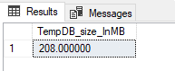 Screenshot dei risultati della query in SSMS che mostra le dimensioni di tempdb in megabyte.