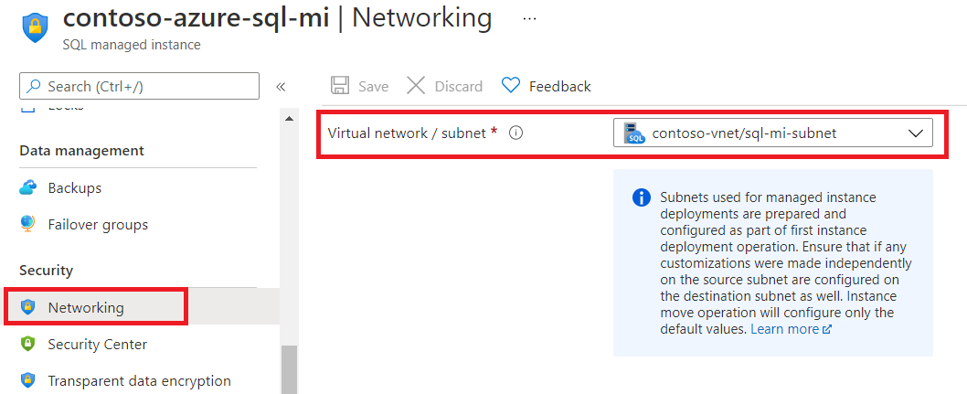 Come selezionare la subnet nel riquadro di rete Istanza gestita di SQL