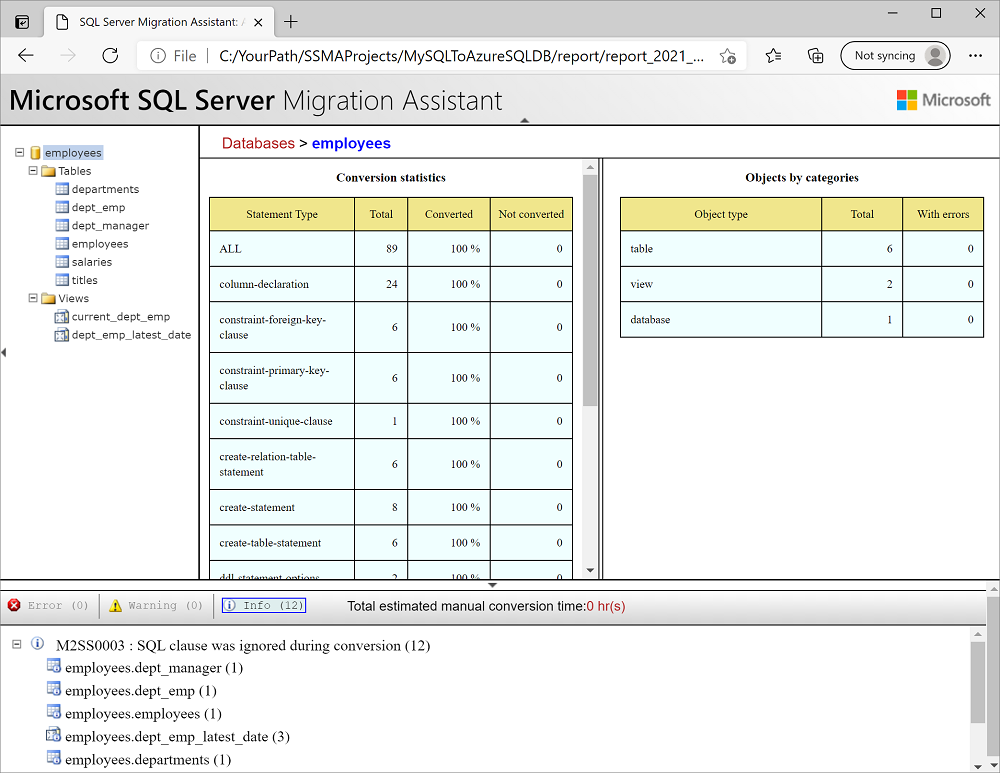 Screenshot di un esempio di report di conversione in SSMA.