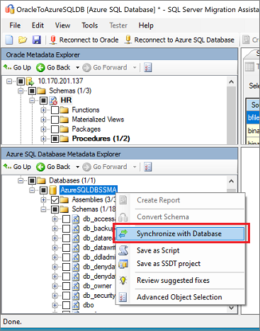 Screenshot che mostra Synchronize with Database.