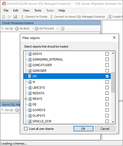 Screenshot che mostra la selezione di uno schema Oracle.