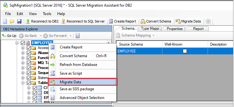 Screenshot che mostra la selezione dello schema e la scelta di eseguire la migrazione dei dati.