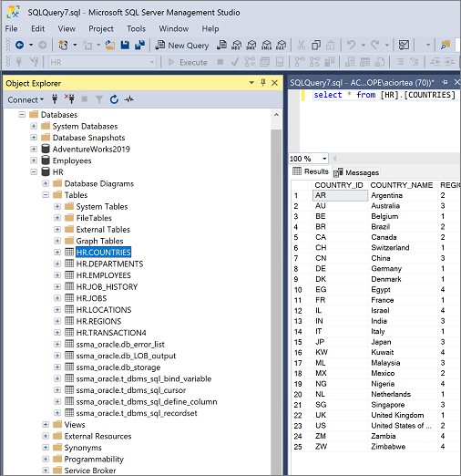 Screenshot che mostra un'istanza di SQL Server in SSMA.