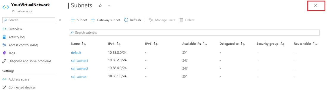 Screenshot del portale di Azure che mostra il riquadro di gestione delle subnet per una rete virtuale.