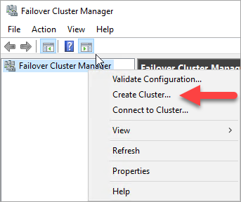 Screenshot di Gestione cluster di failover e dell'opzione per la creazione di un cluster nel menu di scelta rapida.