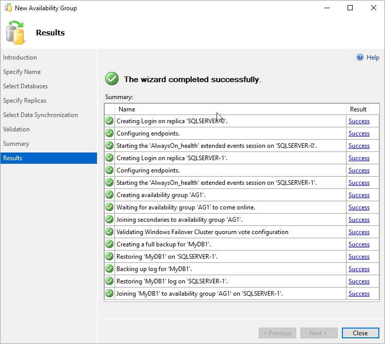 Screenshot che mostra il completamento corretto della Creazione guidata gruppo di disponibilità in SSMS.