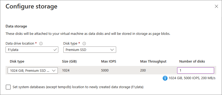 Screenshot che mostra dove è possibile configurare l'archiviazione dei file di dati per la VM SQL.