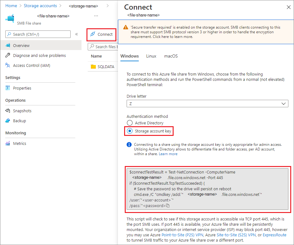 Screenshot che mostra come copiare il comando di PowerShell dal portale di connessione della condivisione file.