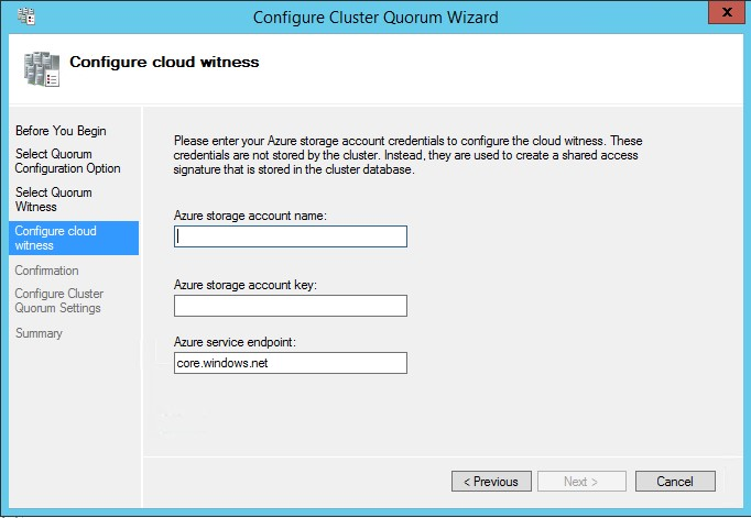 Snapshot del riquadro di configurazione del cloud di controllo nella procedura guidata Quorum del cluster