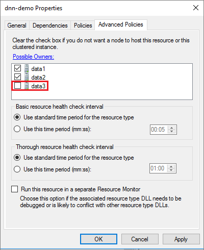 Deselezionare la casella di controllo accanto ai nodi che non partecipano all'istanza del cluster di failover per i possibili proprietari della risorsa DNN