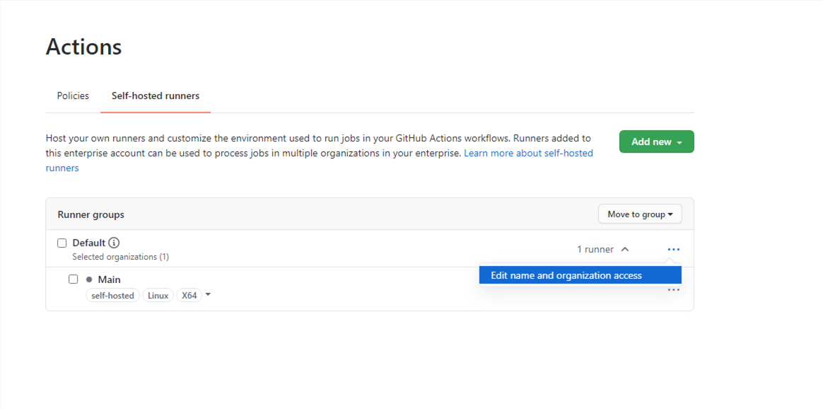 Screenshot of how to edit access for the self-hosted runners.